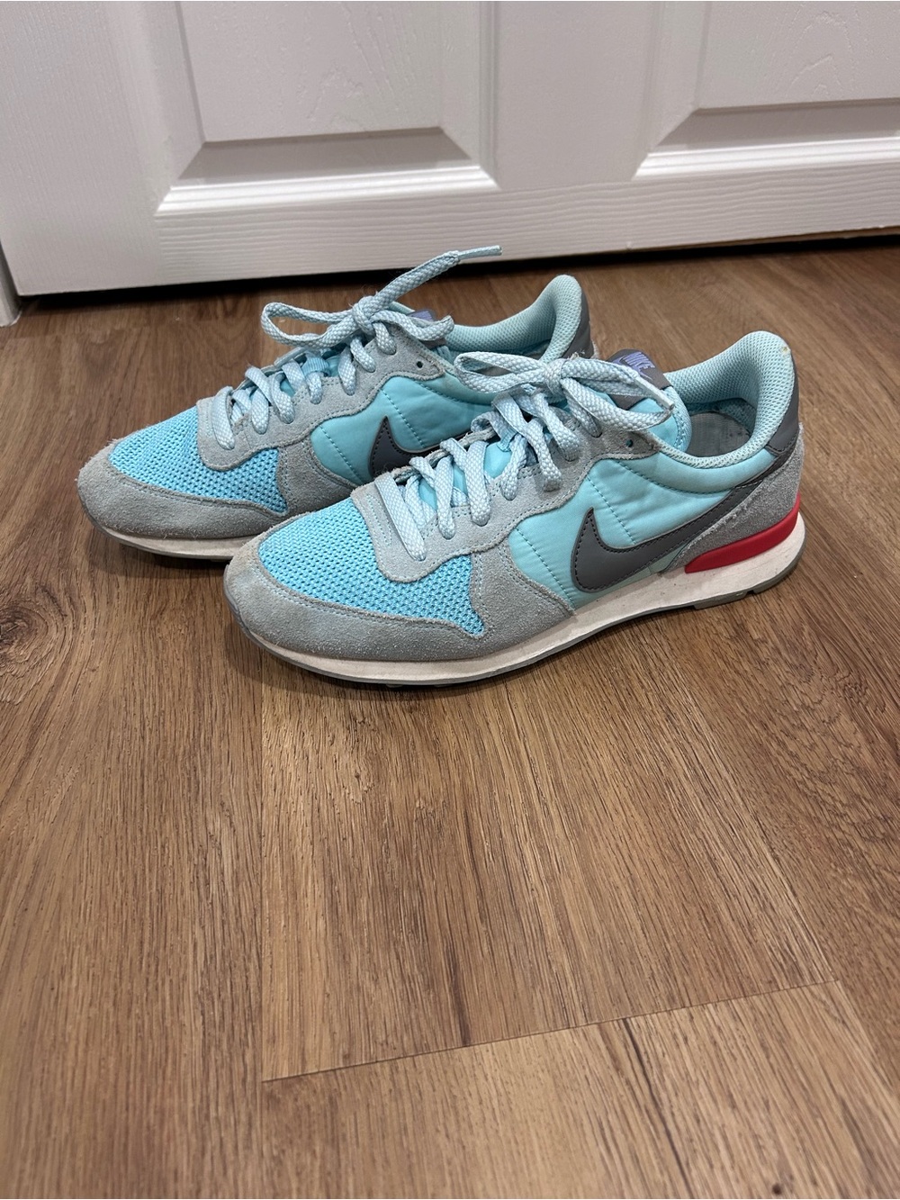 Nike Light Blue and Gray Retro Runner with Red Heel Accent